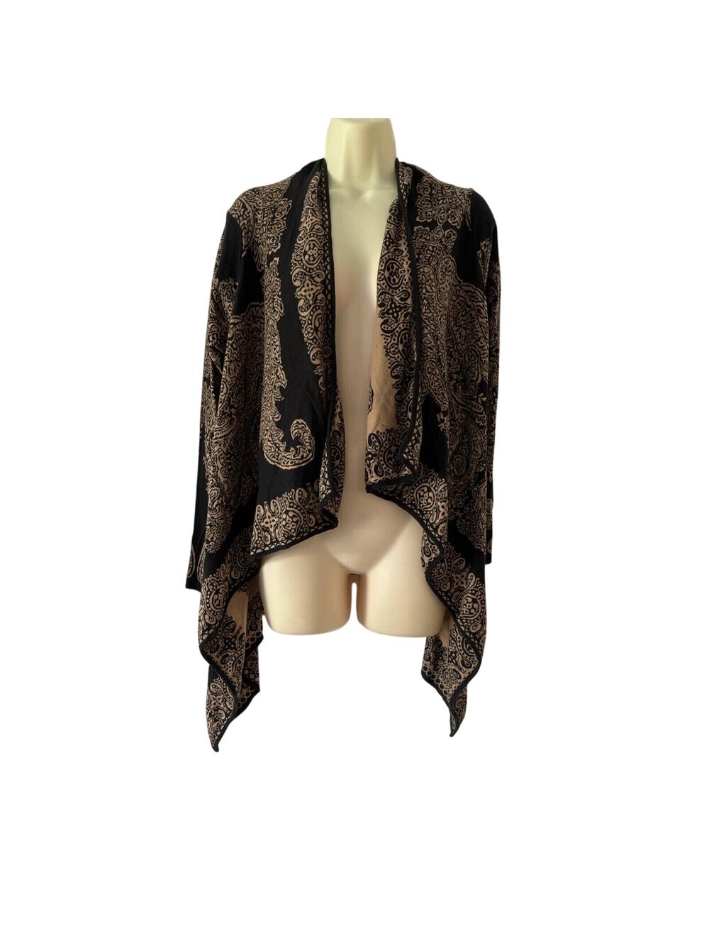 J JIll Brown Black Paisley LongSleeve Open Front Cotton Cardigan Sweater Size XS